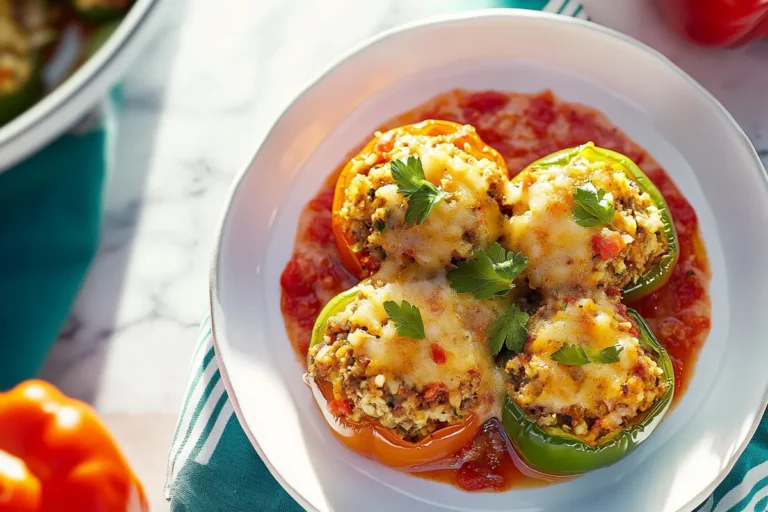 A mouthwatering plate of old-fashioned stuffed bell peppers, featuring colorful peppers filled with a savory meat and rice mixture, perfect for family dinners.