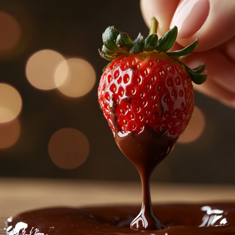Dipping fresh strawberry into melted chocolate