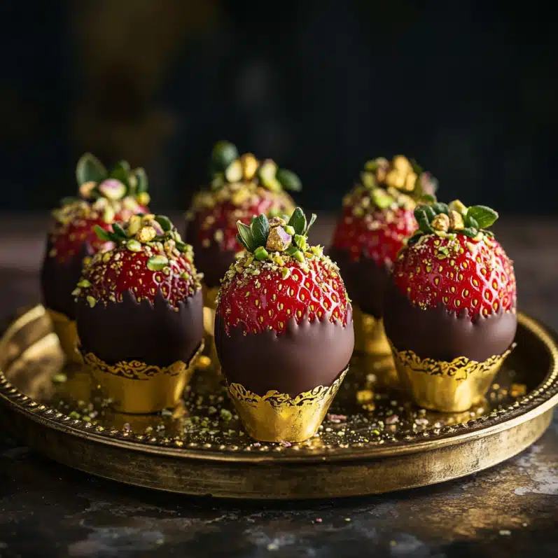 Dubai chocolate covered strawberries with pistachio and gold